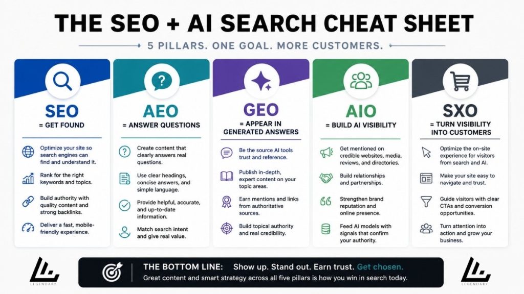 SEO and AI search cheat sheet explaining SEO, AEO, GEO, AIO and SXO and how each helps businesses improve online visibility.