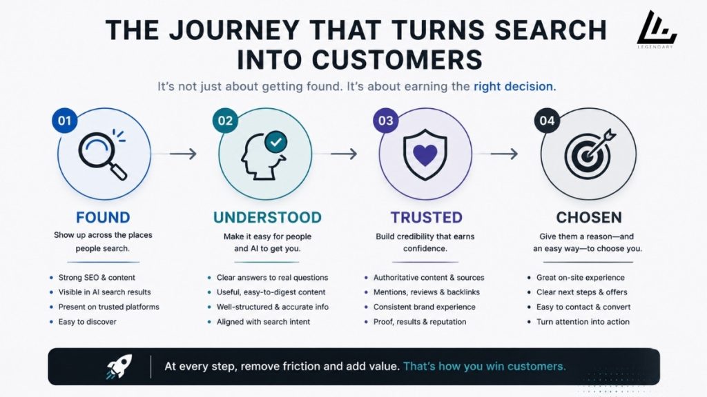 Search journey showing how businesses turn visibility into customers by being found, understood, trusted and ultimately chosen.